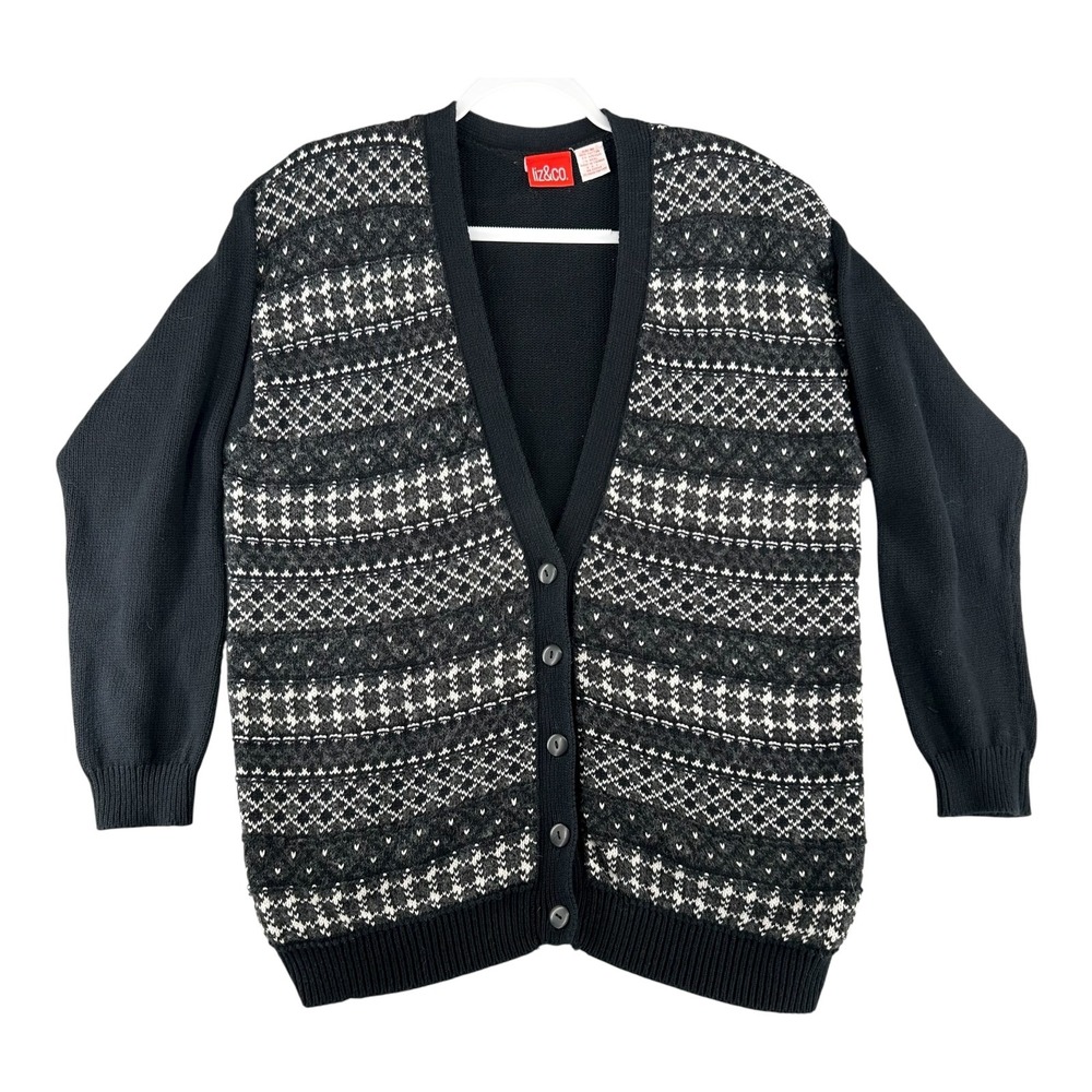 Liz&Co Womens Medium Black Fair Isle Wool Cotton Blend Knit Cardigan Sweater